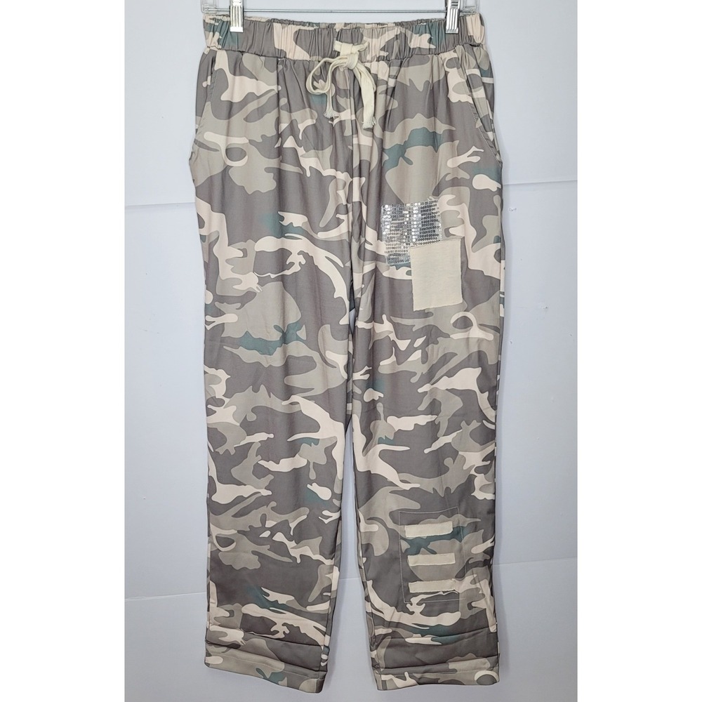Women Embellished Sequin Patch Camo Pants‎ L Gray Green Utility Streetwear Urban